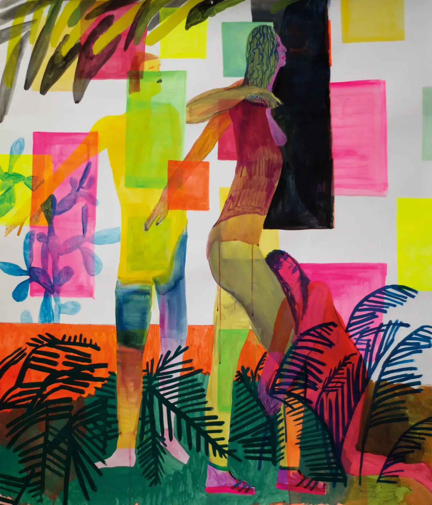 Ilustración colorida de figuras humanas y vegetación