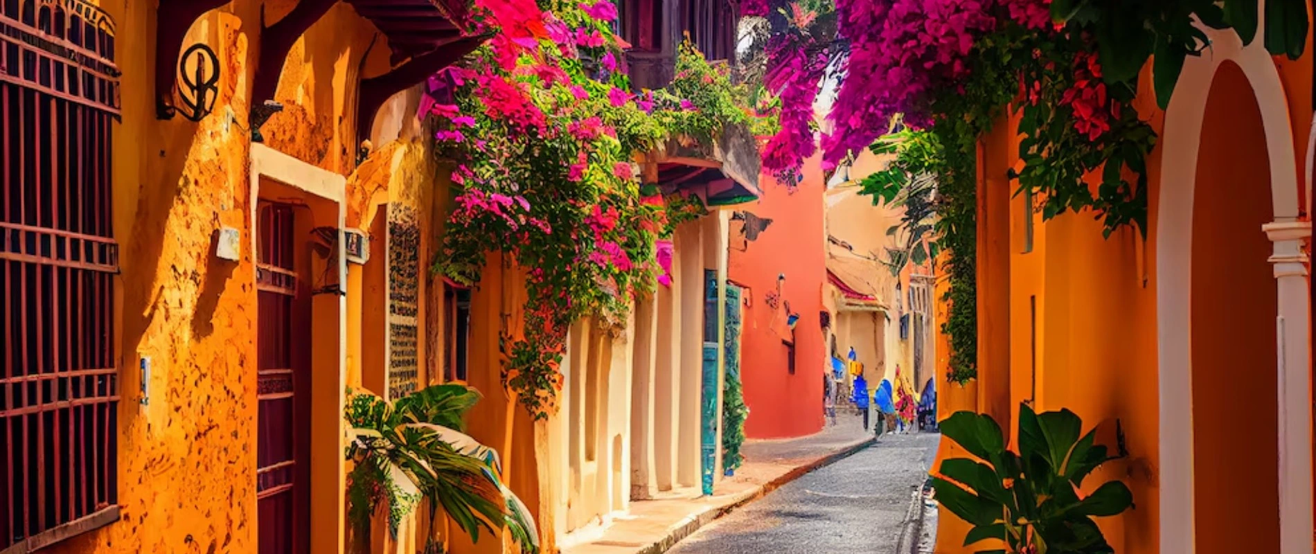Cartagena street amidst beautiful flowers and balconies
