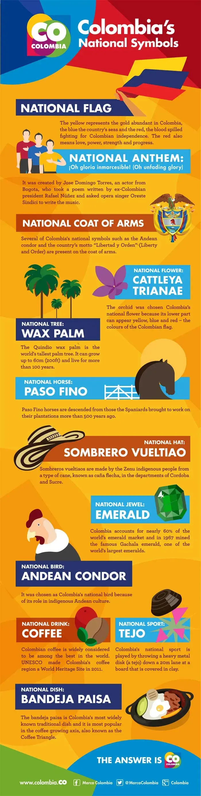 Infographics of the national symbols of Colombia with images and text.