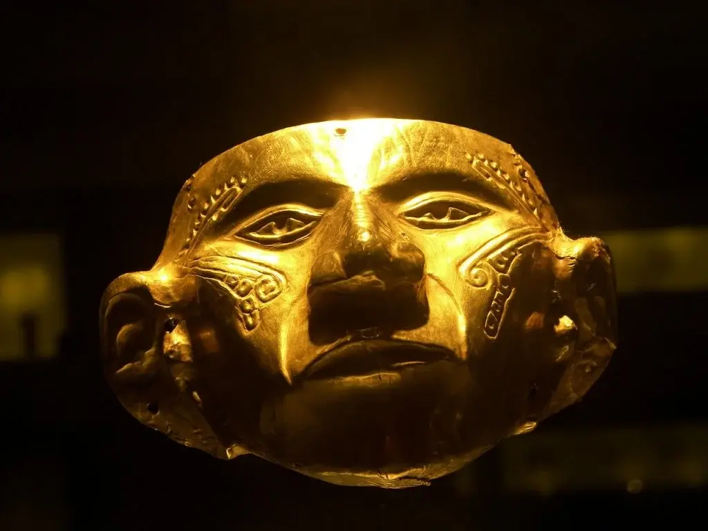 Golden pre-Columbian mask exhibited at the Gold Museum in Bogotá.