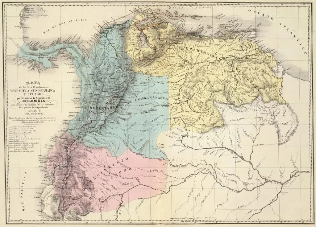 Mapa histórico de la Gran Colombia en los años 1820-1825