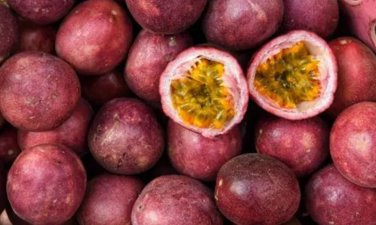 Whole purple passion fruit and one cut in half showing yellow flesh.