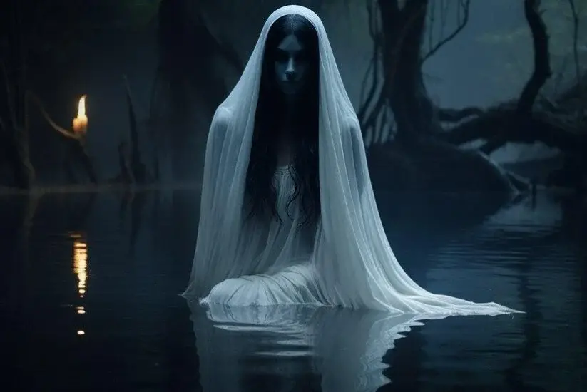 Mysterious woman in white veil sitting in dark waters, representing La Llorona legend