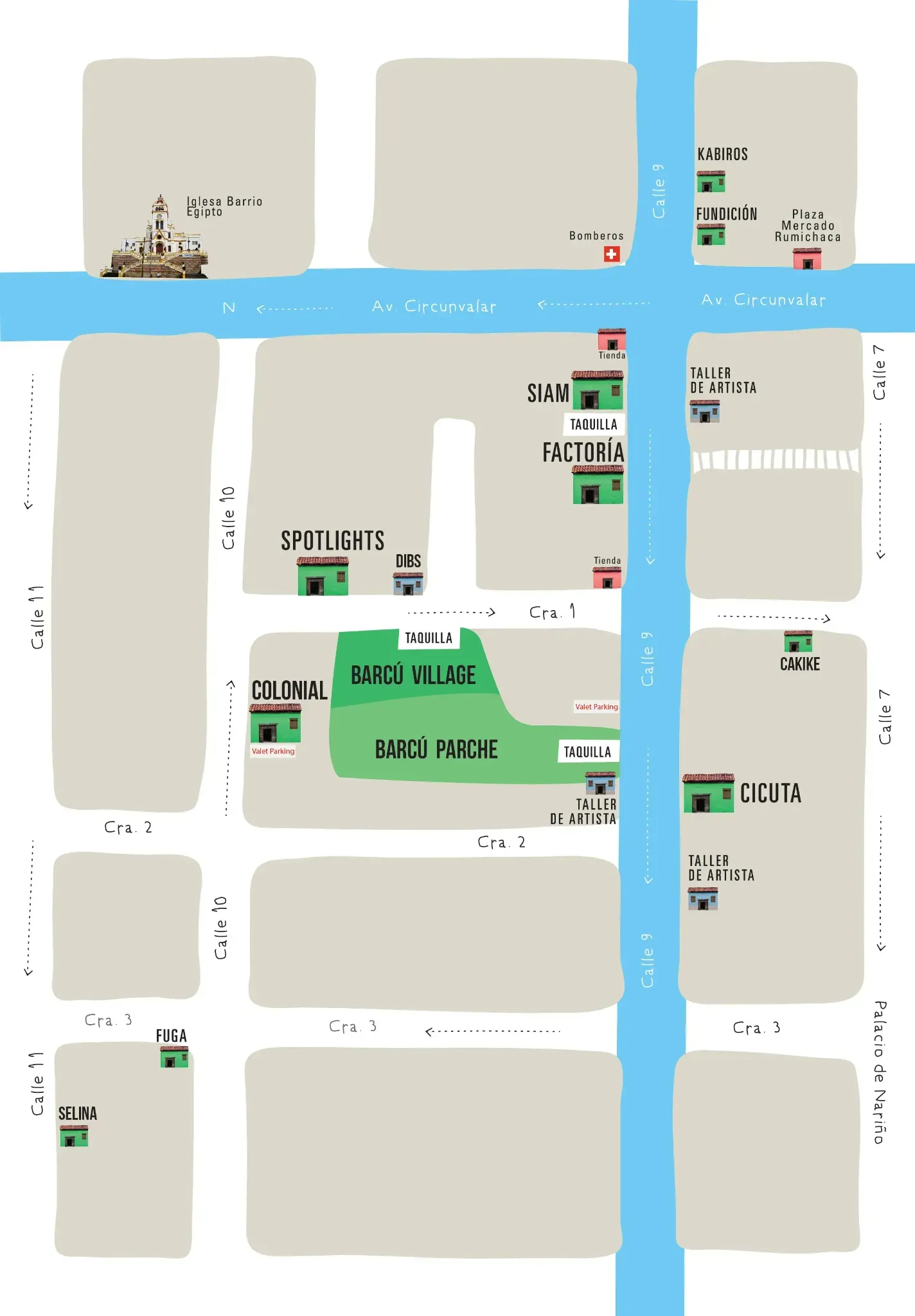 Mapa ilustrado del evento Barcú en el centro de Bogotá