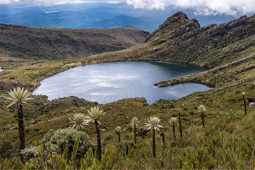 Colombian paramo surrounded by extensive vegetation and mountains