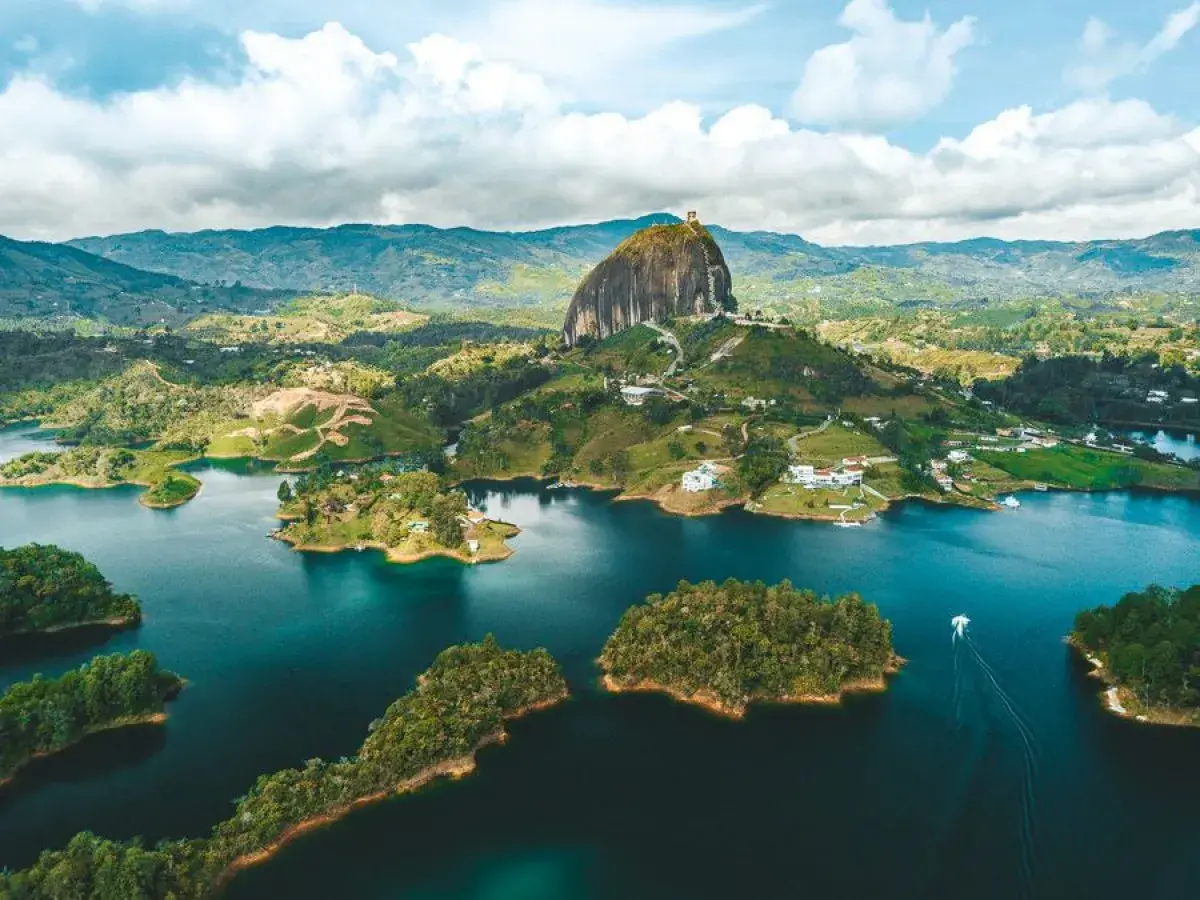 Aerial view of Piedra del Peñol and Guatapé reservoir in Antioquia.