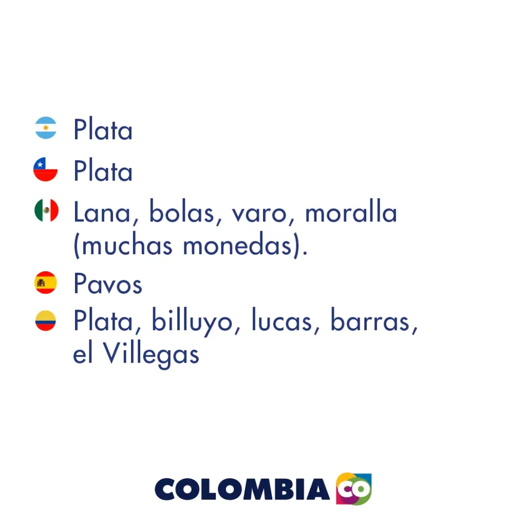 En Colombia se dice plata, billuyo y lucas.