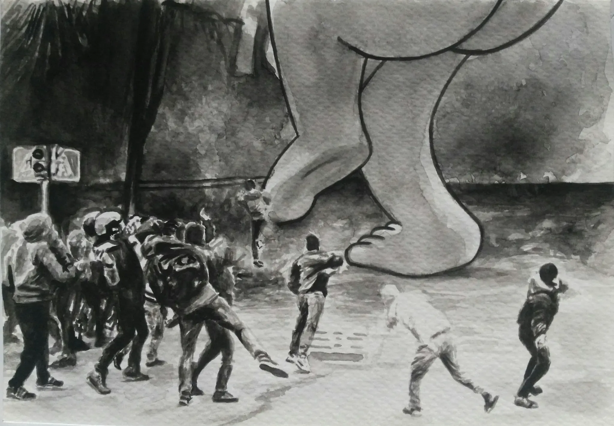 Ilustración de protesta con figura gigante en blanco y negro