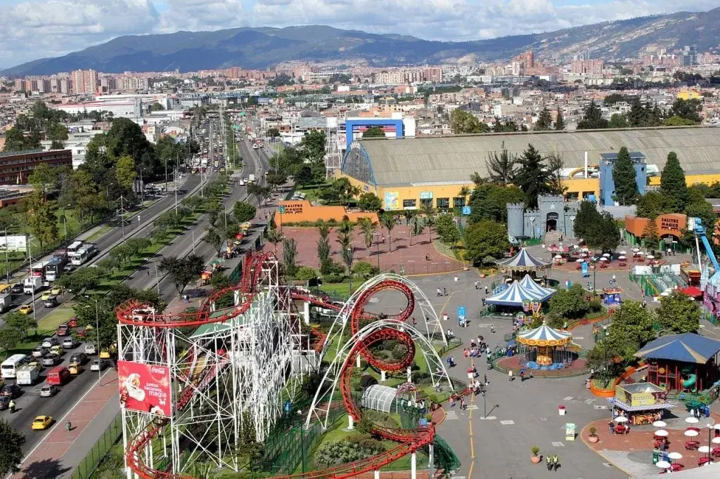 Aerial view of Salitre Mágico amusement park and surrounding Bogotá cityscape.
