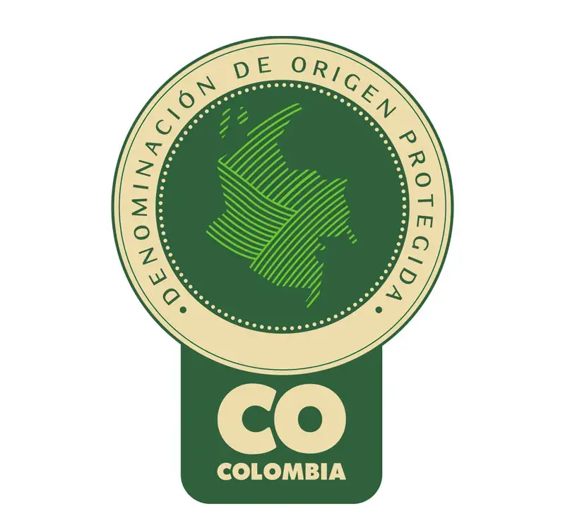 Sello de Denominación de Origen Protegida de Colombia para el Café, con mapa y texto.