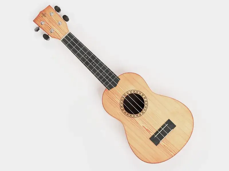 Tiple de madera con cuerdas negras sobre fondo blanco.