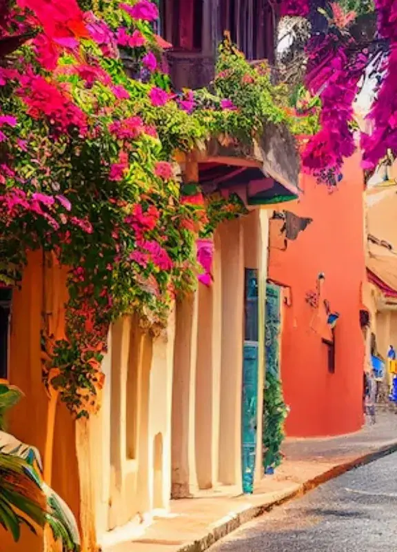 Cartagena street amidst beautiful flowers and balconies Cartagena street amidst beautiful flowers and balconies