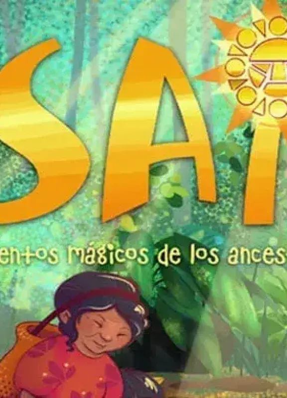 Ilustración de la selva con animales y niña indígena bajo el título SAI Ilustración de la selva con animales y niña indígena bajo el título SAI