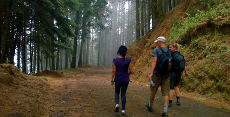 Personas caminando por sendero ecológico rodeados de montañas, turismo por colombia