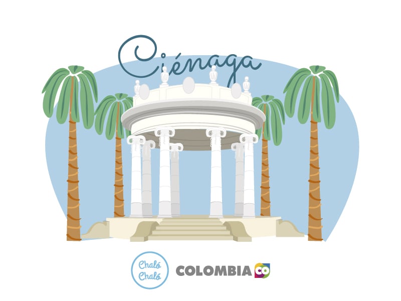 Ciénaga, uno de los pueblos patrimonio de Colombia - Ilustración de Ciénaga, en donde se ve el Templete de la Plaza Centenario | Marca País Colombia