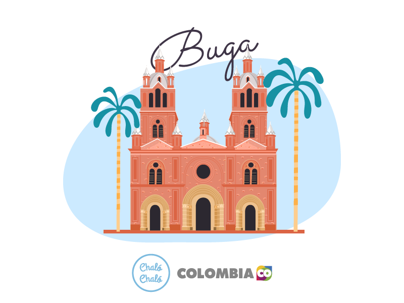 Guadalajara de Buga, uno de los pueblos patrimonio de Colombia - Ilustración de Guadalajara de Buga, en donde se ve la Basílica Menor del Señor de los Milagros | Marca País Colombia