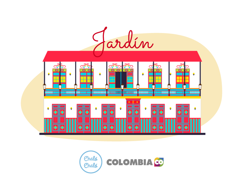 Jardín, uno de los pueblos patrimonio - Ilustración de Jardín, en donde se ven sus casas antiguas coloridas | Marca País Colombia