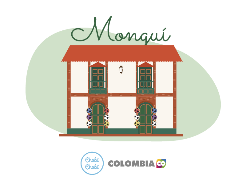 Monguí, uno de los pueblos de Colombia - Ilustración de Monguí, en donde se ven una casa colonial y unos balones de fútbol | Marca País Colombia