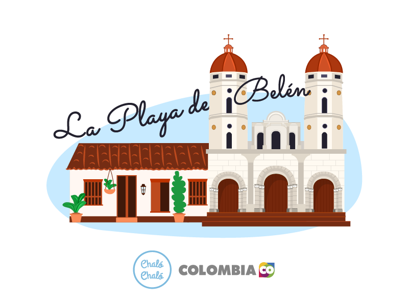 Playa de Belén, uno de los pueblos patrimonio - Ilustración de Playa de Belén, en donde se ve la Iglesia de San José y una casa colonial | Marca País Colombia