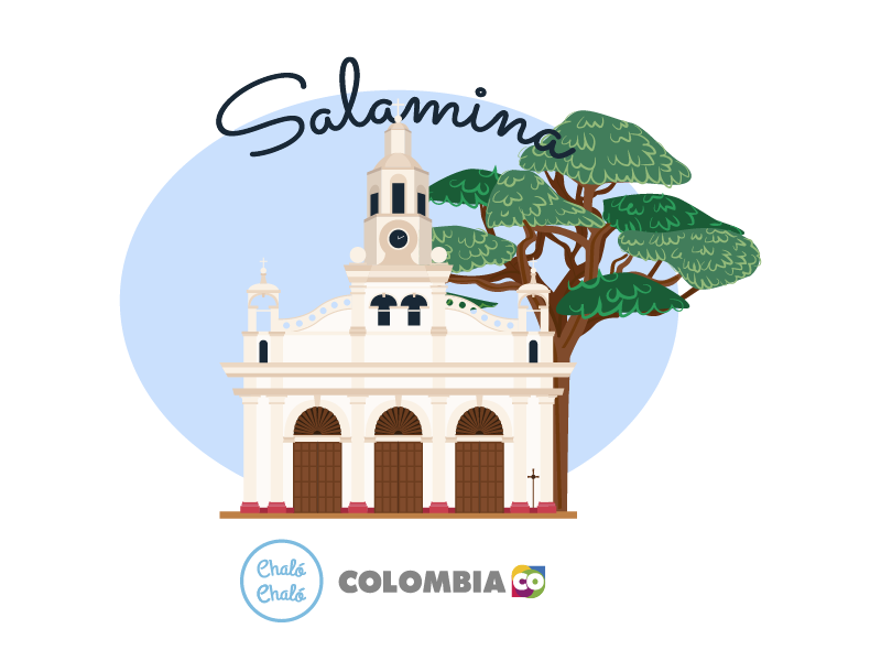 Salamina, uno de los pueblos de Colombia - Ilustración de Salamina, en donde se ve la Iglesia La Inmaculada Concepción | Marca País Colombia