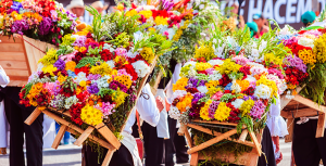 imagen de comparsa en feria de las flores con silleteros y varias flores diferentes, flores colombianas, silleteros