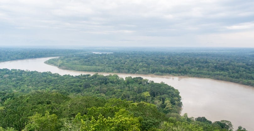 The Guayabero river in San José del Guaviare, with a cloudy sky and a humid and green tropical forest on both sides of the river.
