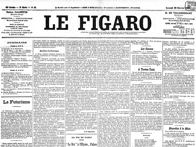 Diario Le Figaro del 20 de febrero de 1909, donde se publicó el Manifiesto Futurista. Foto cortesía de Wikipedia.
