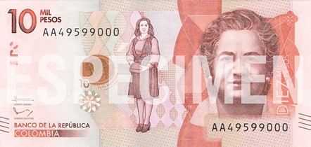 Billete de diez mil pesos por el lado de Virginia Gutiérrez. 